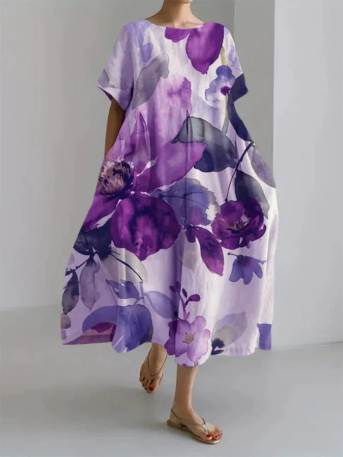 Loose women's dress with botanical floral pattern