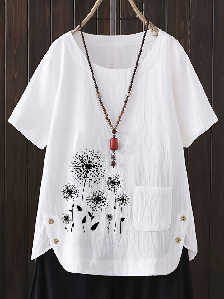 Women's - Oversized Linen Shirt - Casual Short-Sleeved Jumper with Print - Airy & Comfortable Fashion