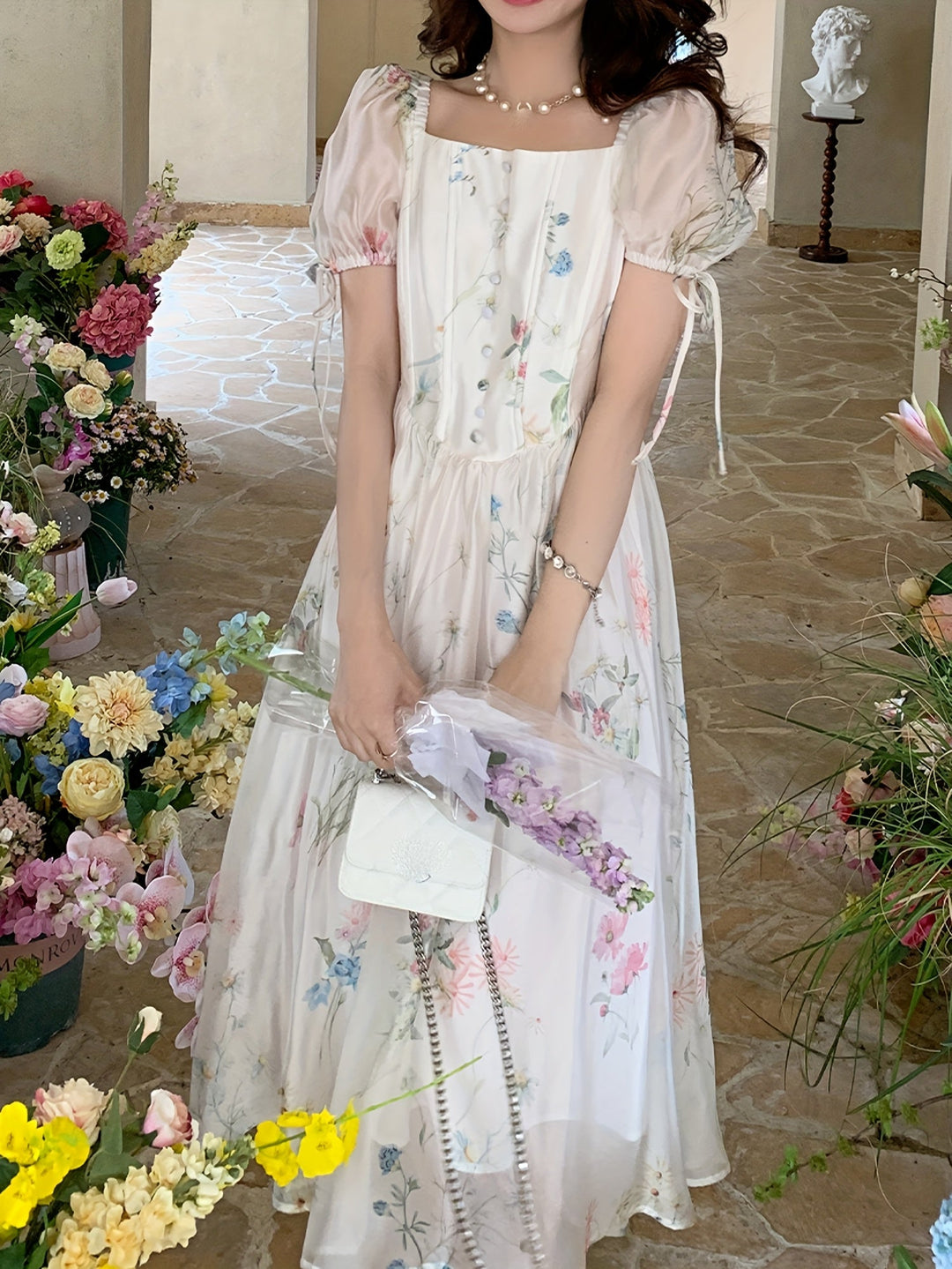 Women's - Floral A-line Midi Dress - Lightweight & Elegant with Pockets - Perfect Summery Style for Any Occasion