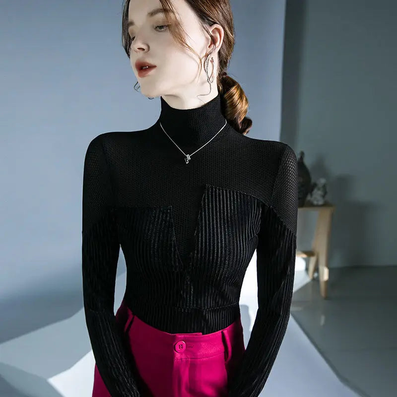 Elegant turtleneck jumper with velvet patchwork