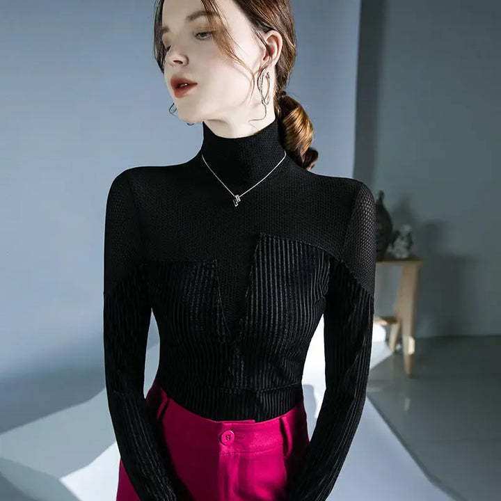 Elegant turtleneck jumper with velvet patchwork