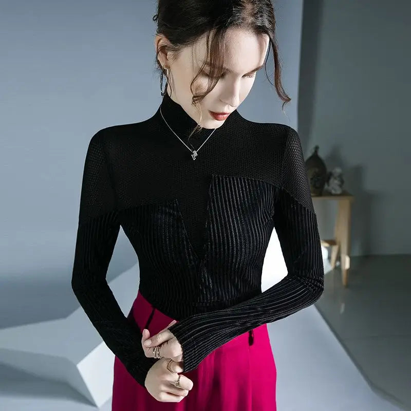 Elegant turtleneck jumper with velvet patchwork