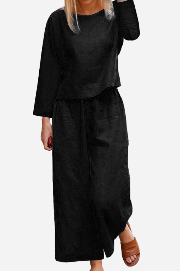 Women's - Airy Linen Set - Multi-Layered Top & Wide Trouser Legs - Relaxed Style for Effortless Elegance