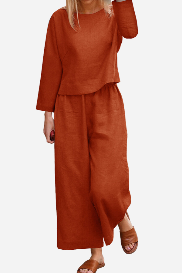 Women's - Airy Linen Set - Multi-Layered Top & Wide Trouser Legs - Relaxed Style for Effortless Elegance