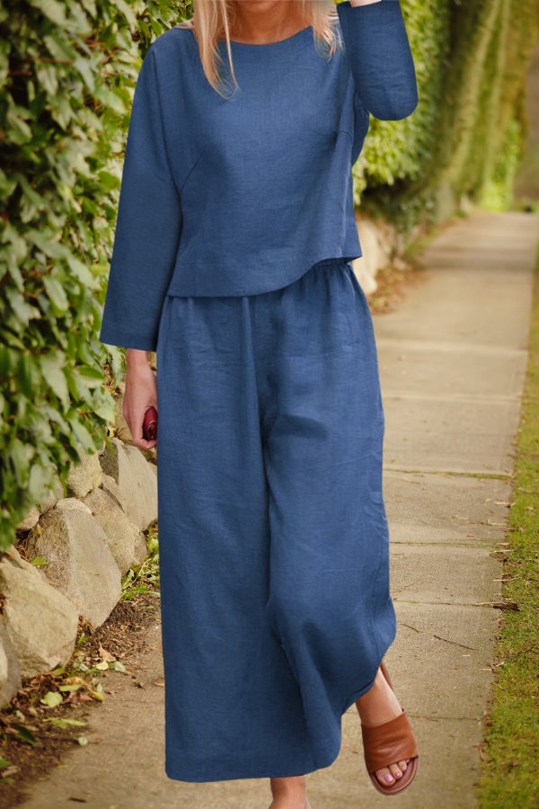 Women's - Airy Linen Set - Multi-Layered Top & Wide Trouser Legs - Relaxed Style for Effortless Elegance