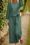 Women's - Airy Linen Set - Multi-Layered Top & Wide Trouser Legs - Relaxed Style for Effortless Elegance