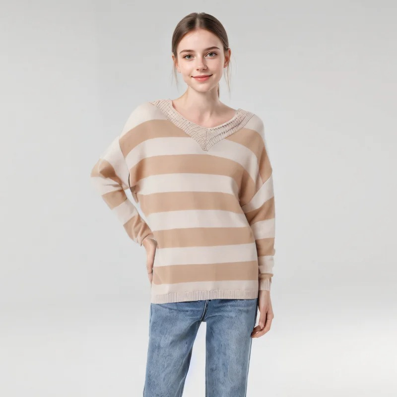 Trendy Striped Women's Sweater with Loose Fit - V-Neck Design