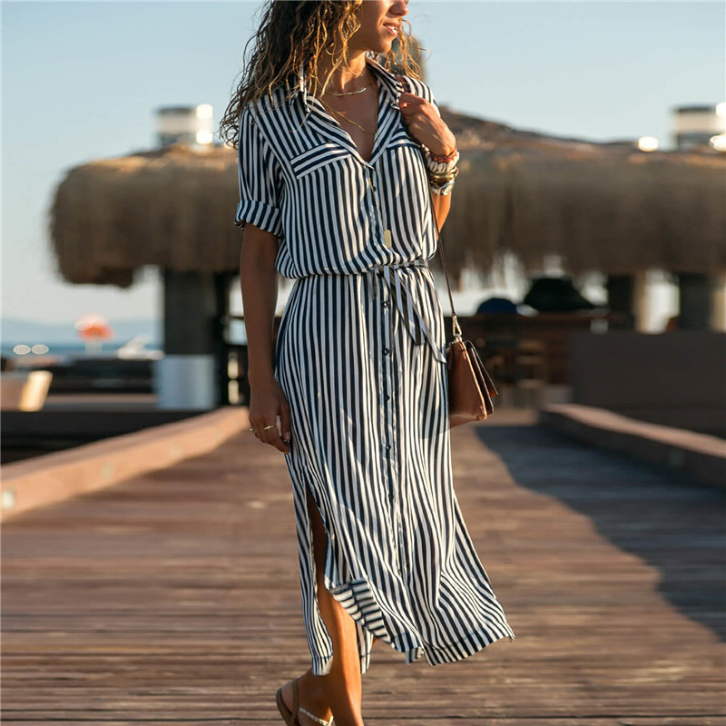 Striped tie-waist button dress