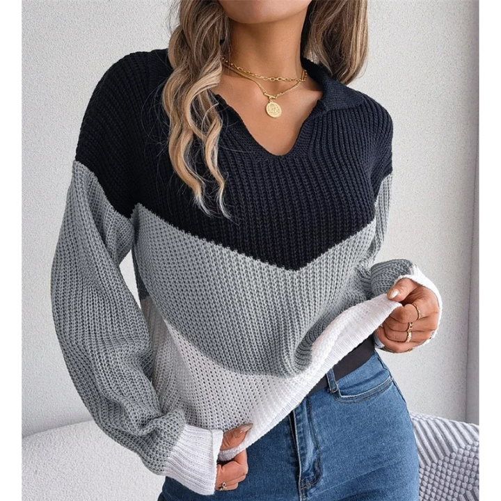 Knitted women's jumper with V-neck, casual colour block