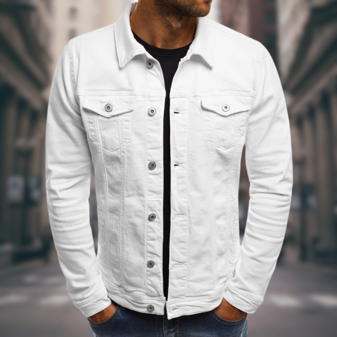 Men's - Classic Fit Stretch Denim Jacket with Button Closure