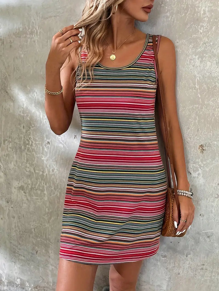 Women's - Casual Striped Colourblock Tank Dress - Sleeveless Summer Dress with Round Neckline for Effortless Style