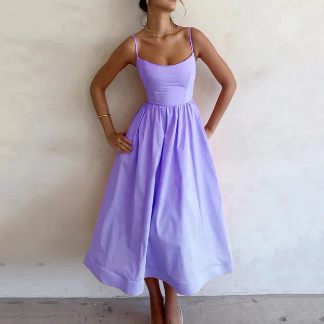 Women's - Strappy Dress - Scoop Neck Solid Colour