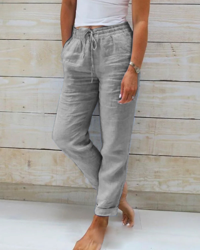 Women's - Linen Trousers - Cotton Blend, Elasticated Waistband - Comfortable Summer Essential