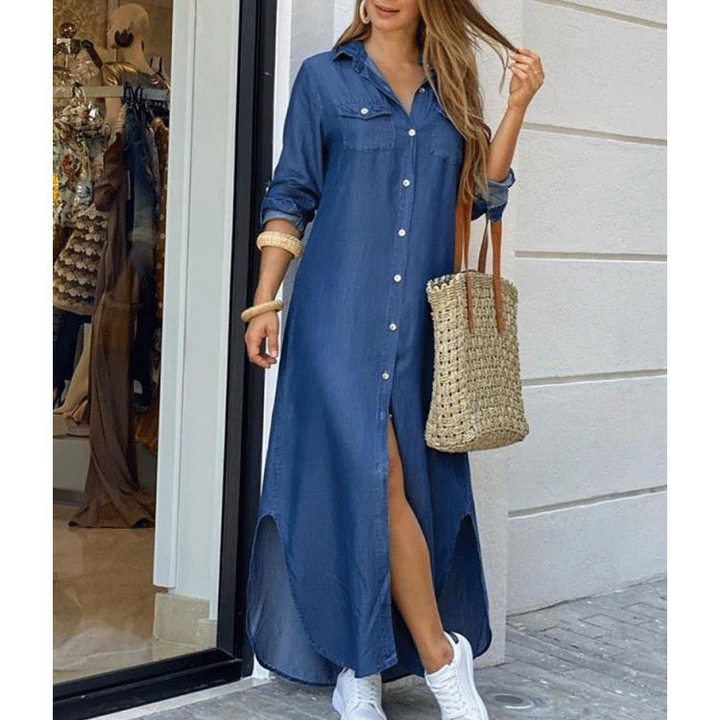 Long button dress in denim style