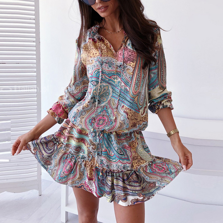 High-quality bohemian mini dress with floral pattern