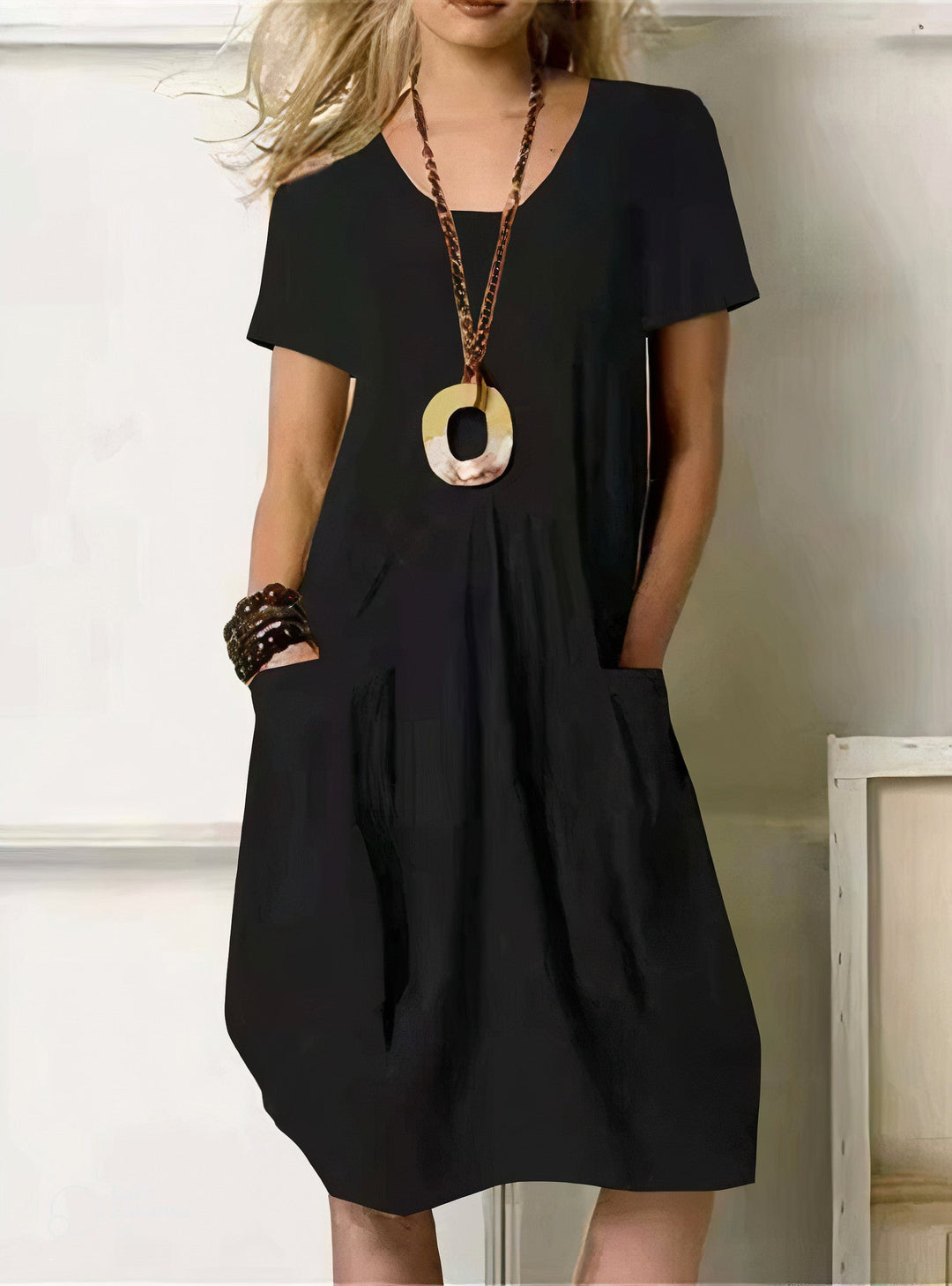 Women's - Casual Loose Fit Short Sleeve Dress with Pockets