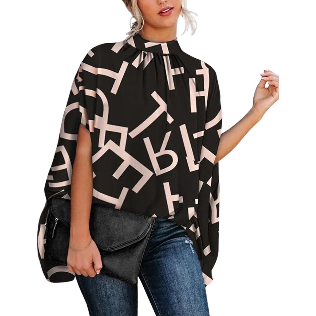 Blouse with abstract print and stand-up collar