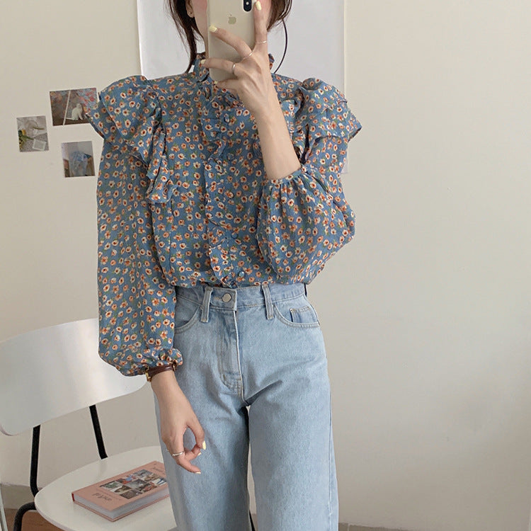 French Retro Floral Blouse Women Wood Ear Shirt Women