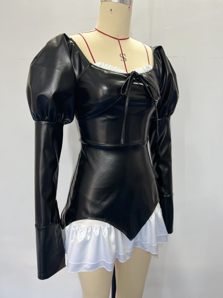 Polished Square Collar Black Leather Dress For Women