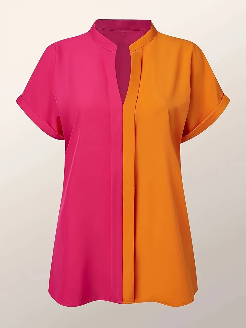 Short-sleeved blouse with split V-neckline