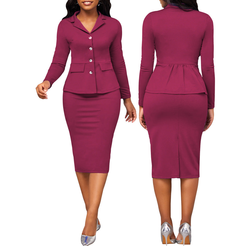 Two-piece ladies' suit with white collar and long sleeves