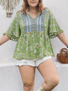 Women's - Oversized Linen Blouse - Floral Pattern, Tassels & V-Neckline - Stylish Summer Essential