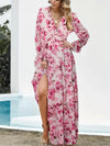 Holiday Maxi Dress With V-Neck and Long Sleeves With Floral Print