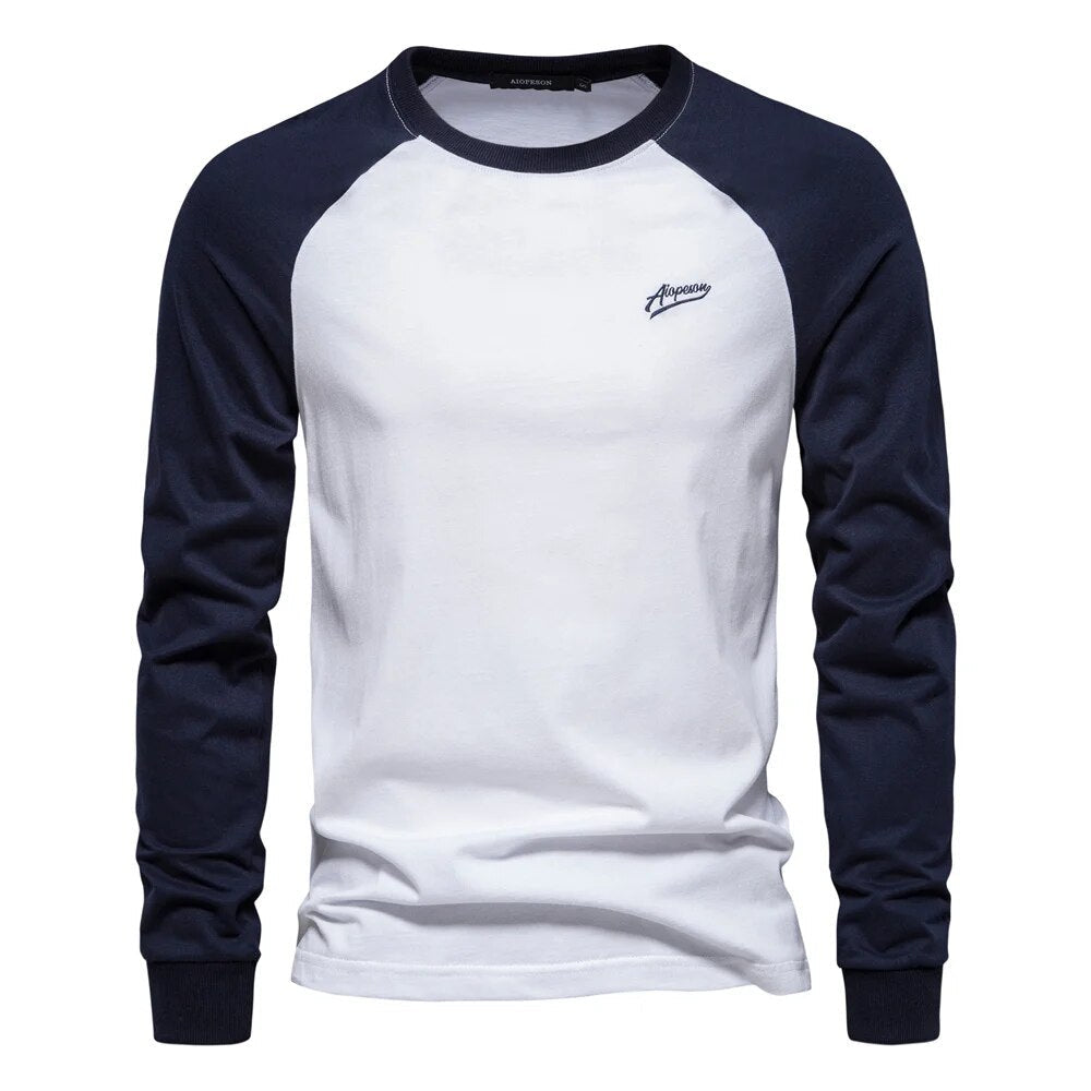 Men's - Patchwork Shirt - Round Neck & Long Sleeves - Trendy Style for Every Occasion