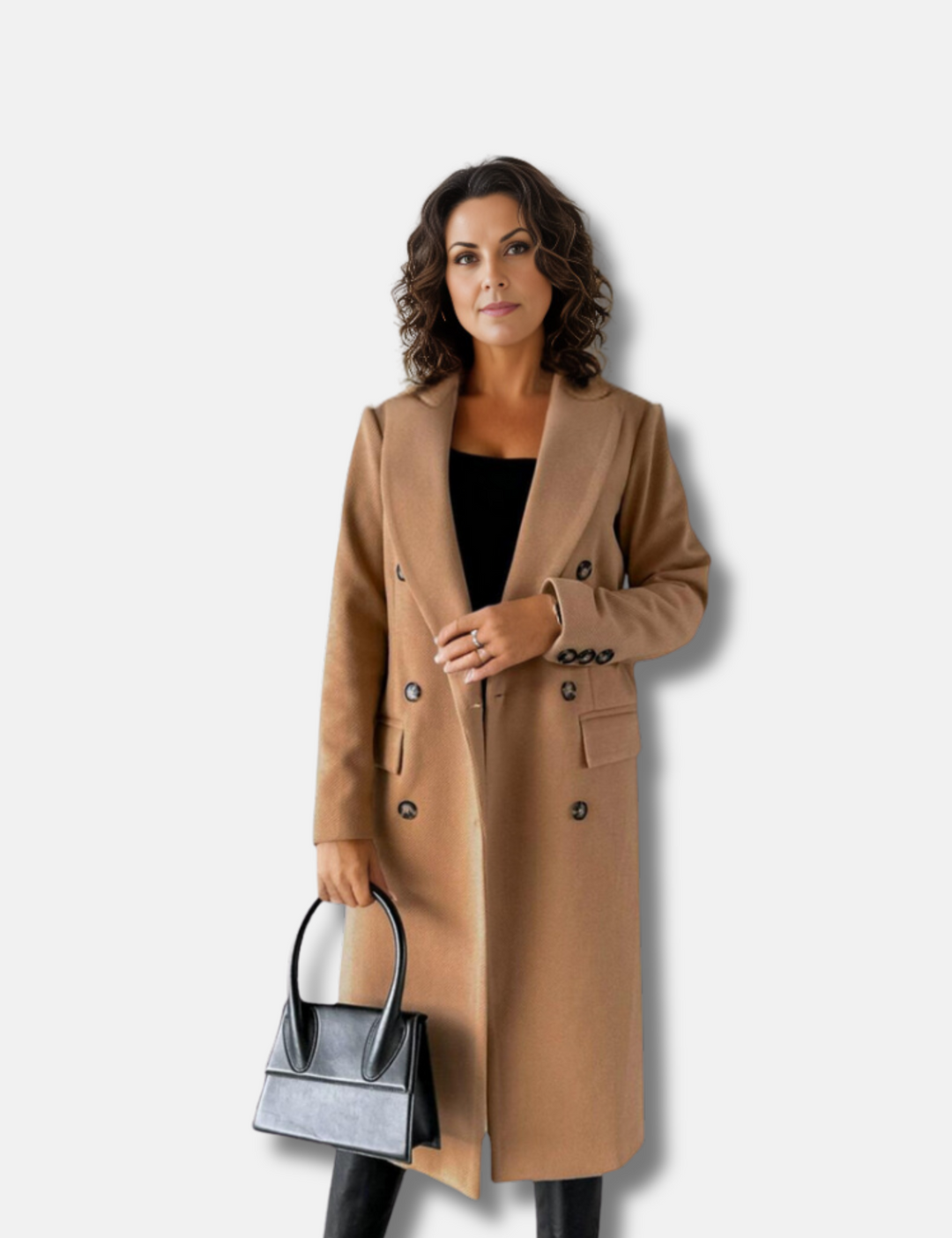 Long double-breasted jacket in a woollen look for women