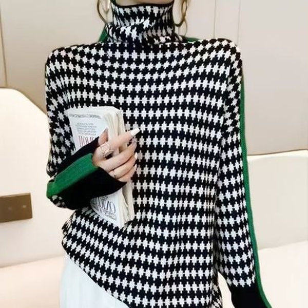 Green Striped Sweater with Black and White Checkered Pattern