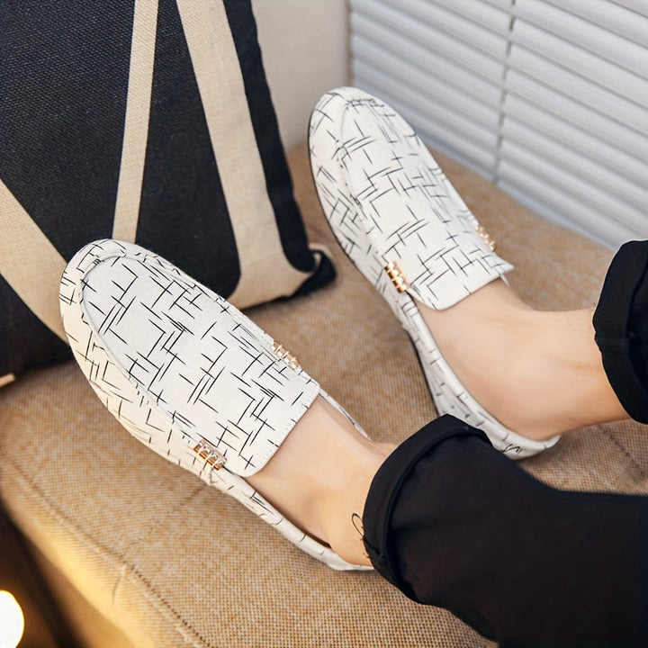 Men's - Slip-On Loafers - Stylish Casual Shoes with Geometric Pattern - Comfortable Everyday Footwear