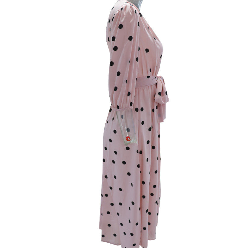 Polka dot elegant female puff sleeve v-neck dress