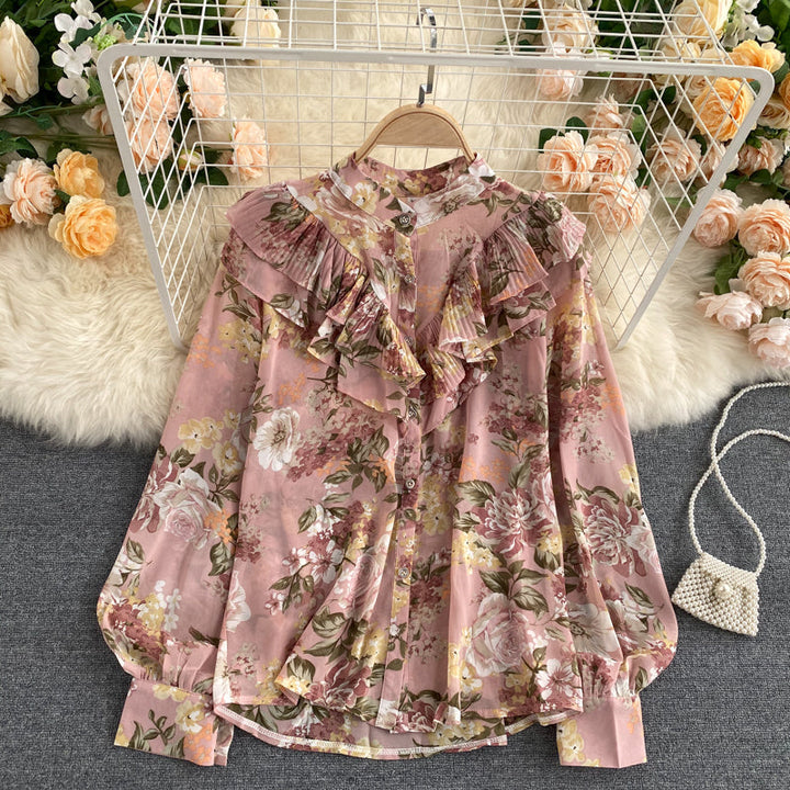 Sweet Pleated Ruffled Slim-fitting Puff Sleeve Chiffon Bluse