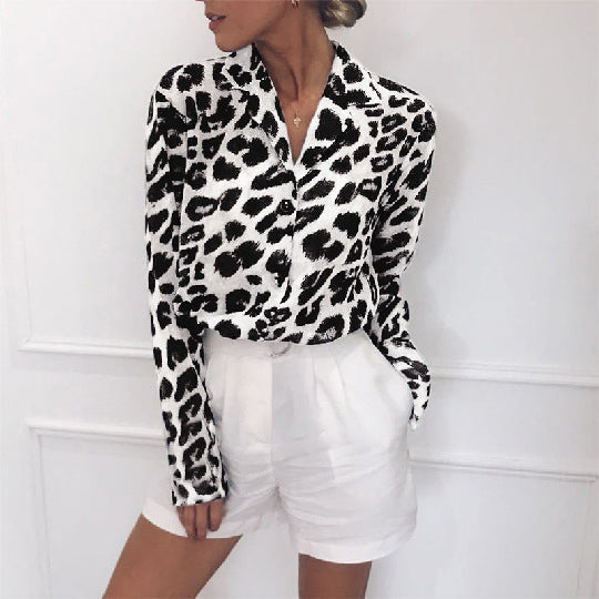 Classy long sleeve leopard print blouse turn down collar