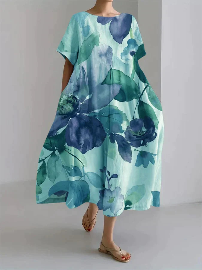 Loose women's dress with botanical floral pattern