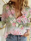 Women's -  Linen Shirt - Floral Pattern, Long Sleeves & Upturned Collar - Romantic Style for Effortless Elegance