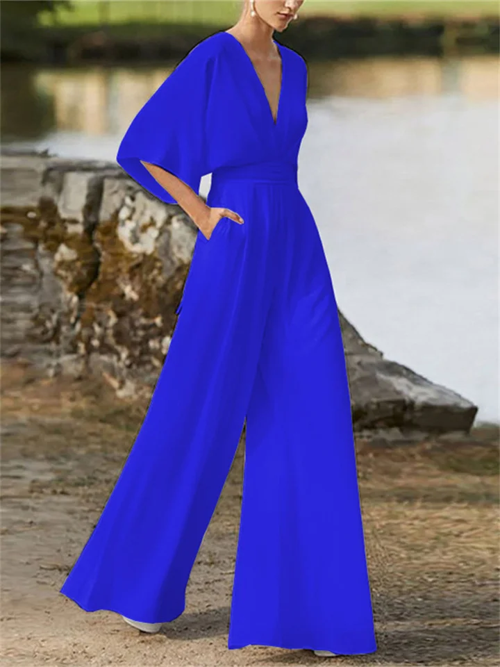 Women's - V-neck Jumpsuit - Wide Leg Design