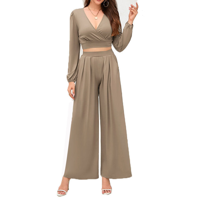 Ladies V-neck long sleeve and loose trousers fashion