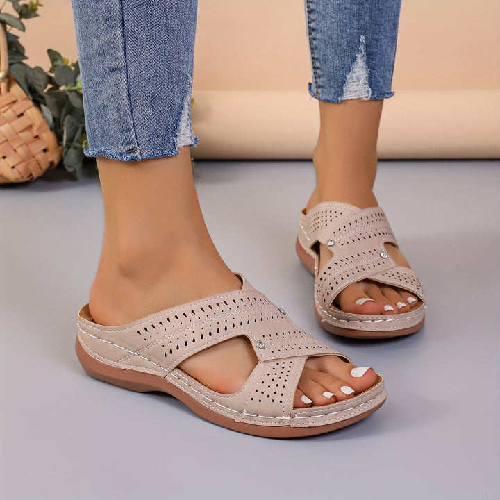 Women's - Vintage Flat Slide Sandals - Rhinestone Embellished & Comfortable - Perfect Summer Footwear