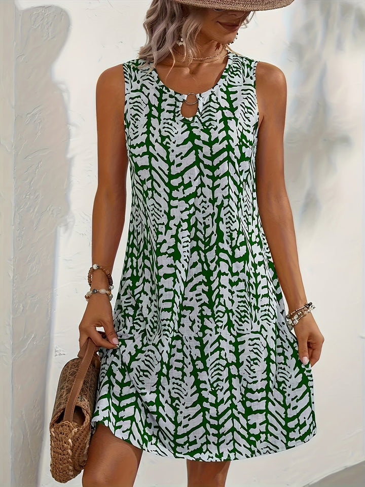 Women's - Printed Summer Dress - Sleeveless A-Line with Keyhole Neckline - Airy & Elegant Style for Warm Days