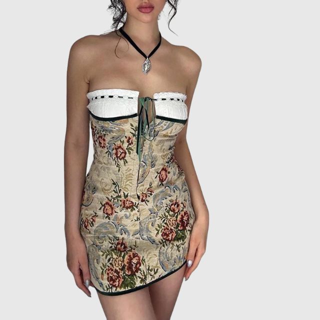 Strapless mini dress with vintage tapestry pattern