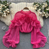 Irregular ruffled mesh blouse ladies jumper