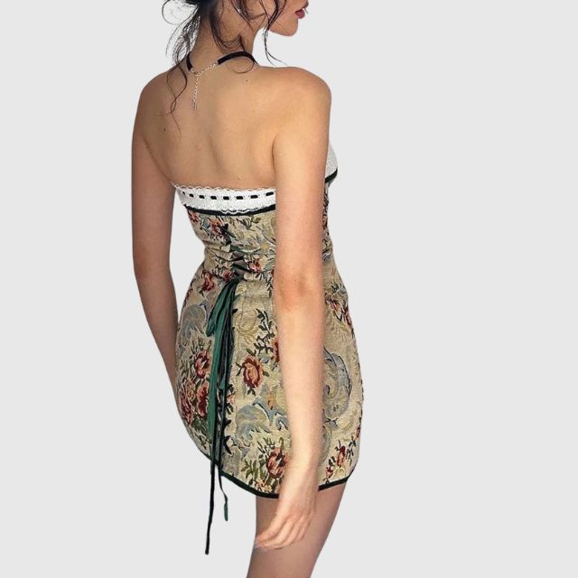 Strapless mini dress with vintage tapestry pattern