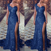 One-shoulder sleeveless bronze dress slit long skirt