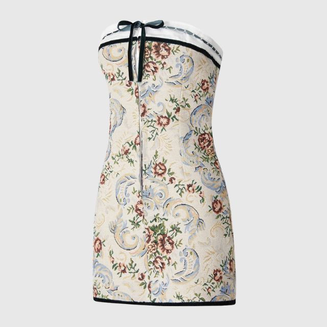 Strapless mini dress with vintage tapestry pattern