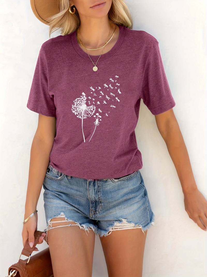 T-shirt with dandelion print and round neckline