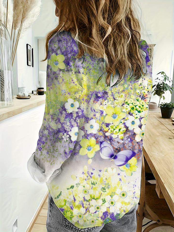 Women's -  Linen Shirt - Floral Pattern, Long Sleeves & Upturned Collar - Romantic Style for Effortless Elegance