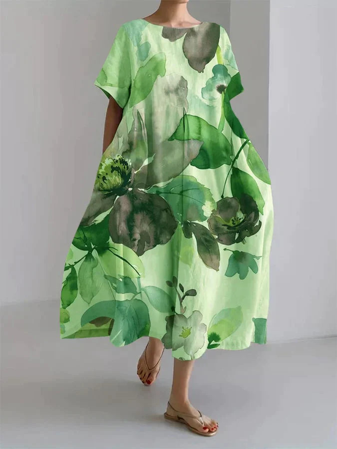 Loose women's dress with botanical floral pattern