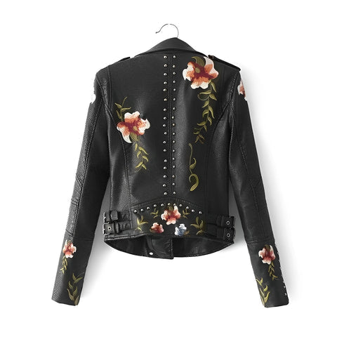 Black vegan leather jacket with floral embroidery for women