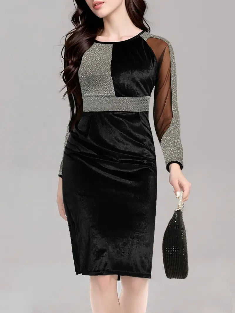 Long-sleeved pencil dress of contrasting mesh